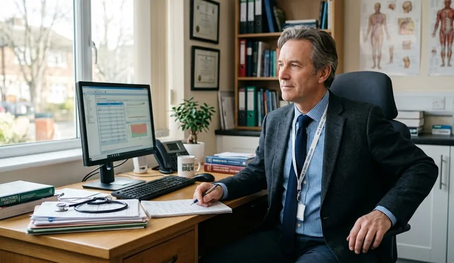 A doctor sitting in his office during a consultation.