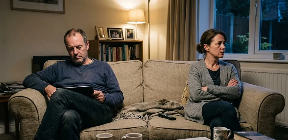 A couple sitting far apart on a sofa in emotional distance.
