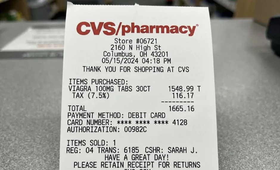 A pharmacy receipt showing the price of purchased medication.